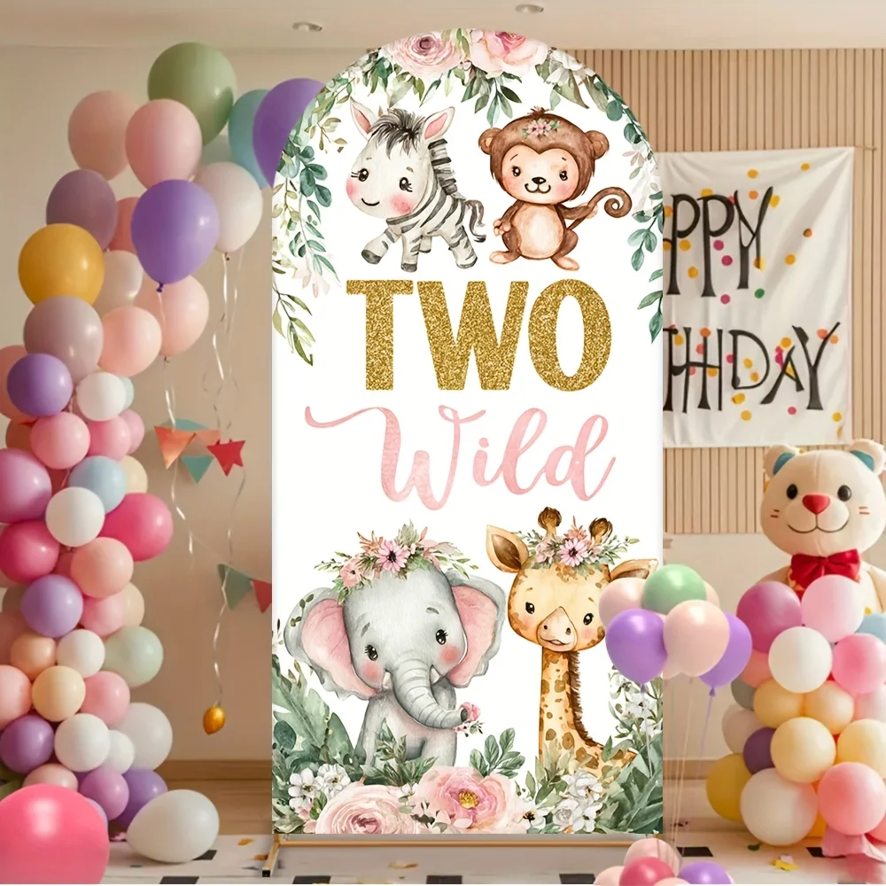 Mocsicka Safari Jungle Animals Girl 2nd Birthday Arch Backdrop Cover Two Wild Pink Floral Greenery Background Baby Shower Photo