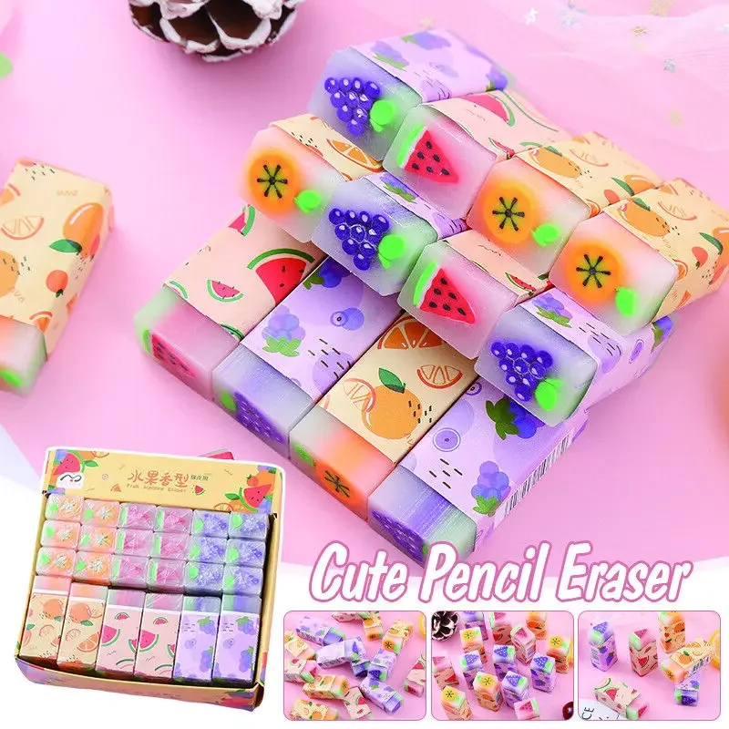 36pcs/set Cute Pencil Eraser Fruit Eraser Desk School Supplies Prizes Party Gift Painting Sketch Eraser School Stationery