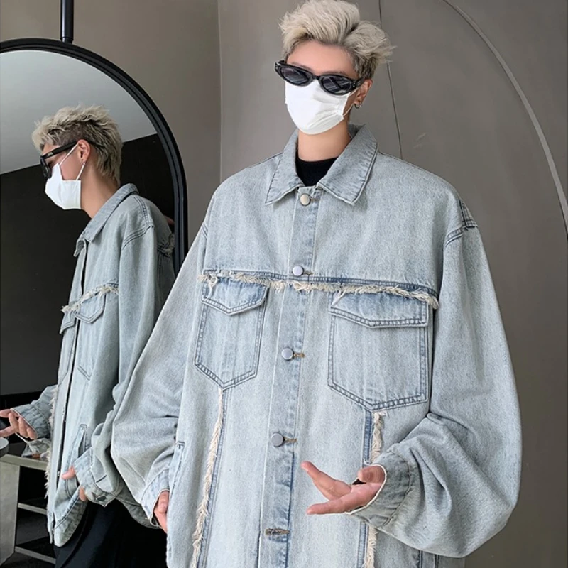 

American High Street Retro Washed Distressed Denim for Mens Spring/autumn with Fringed Design Casual Style High-end Loose Jacket