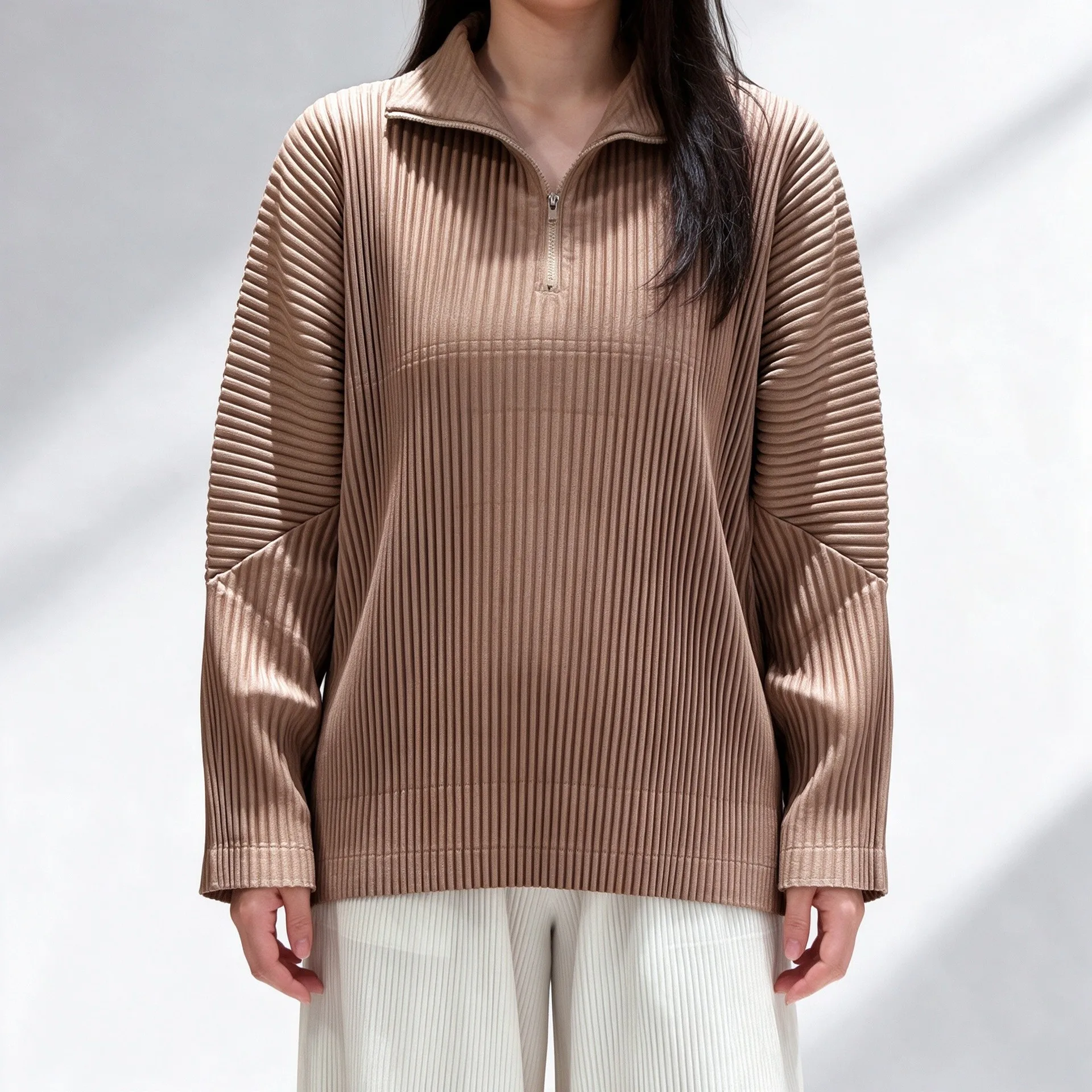 Miyake Women Half Zip Pleated Sweatshirt, Loose Stand Collar Vertical Striped Long Sleeve Top Casual Fall Blouse