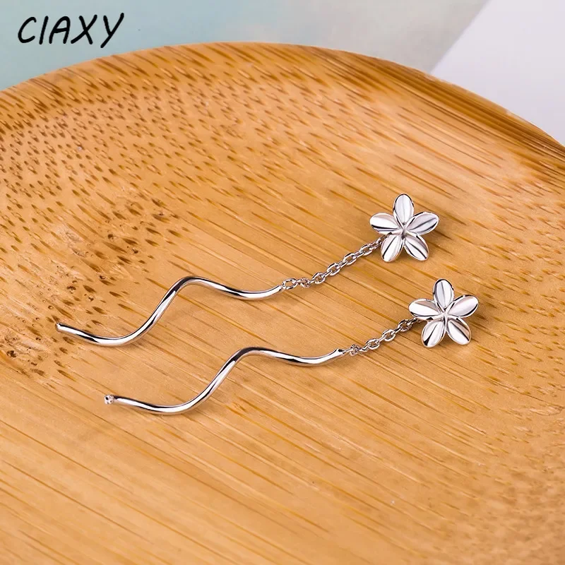 CIAXY Silver Color Frangipani Flower Earrings for Women Wave Ear Line Mini Long Earrings Fashion Jewelry Party Gifts