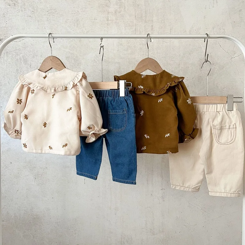 Korea Style Baby Girl Clothes 0-3Years Newborn Kids Long Sleeve Embroidery Flower Corduroy Cardigan Denim Pant 2PCS Outfits INS