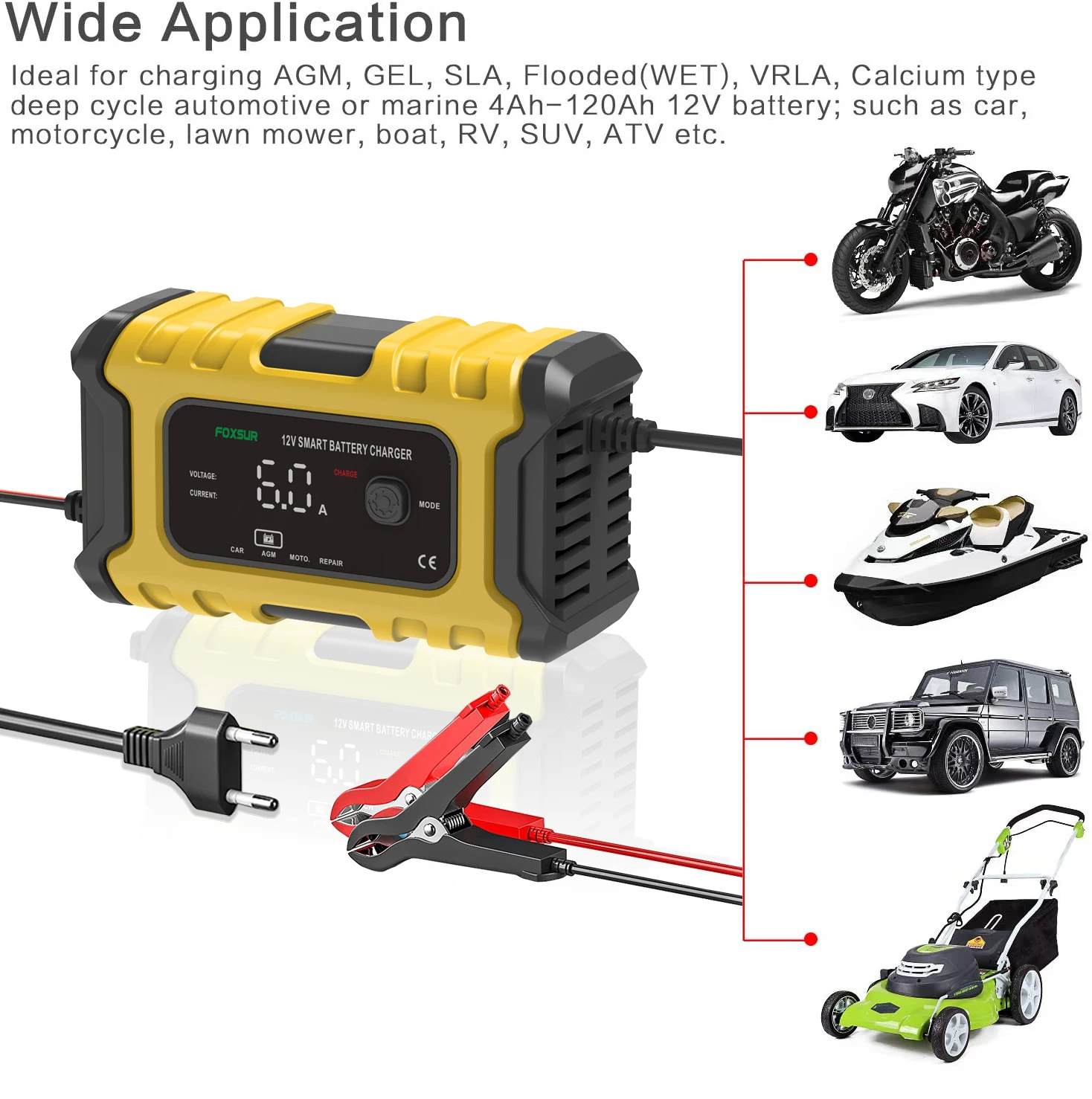 FOXSUR Full Automatic Car Battery Charger 12V big Display Battery Charger Power Puls Repair Chargers Wet Dry Lead Acid