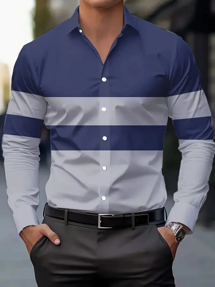 2025 新製品メンズスタイリッシュなカラーブロックボタンシャツ - 通気性ポリエステル、長袖シャツ、ラペル、スタイリッシュなカジュアルブ