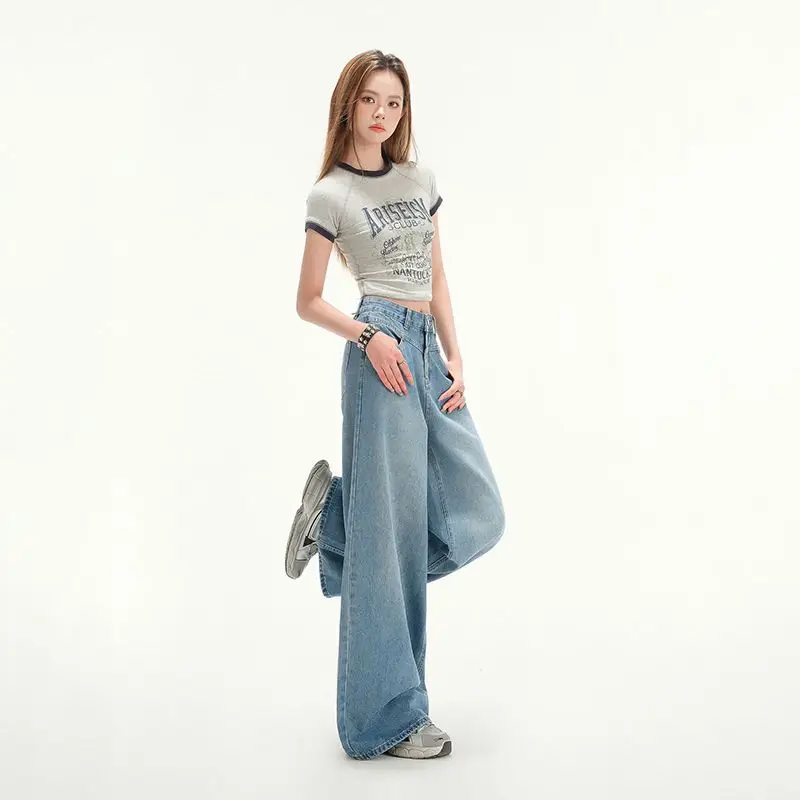 Estilo americano primavera verão novo vintage cintura alta solto emagrecimento drapeado perna reta até o chão jeans para mulher