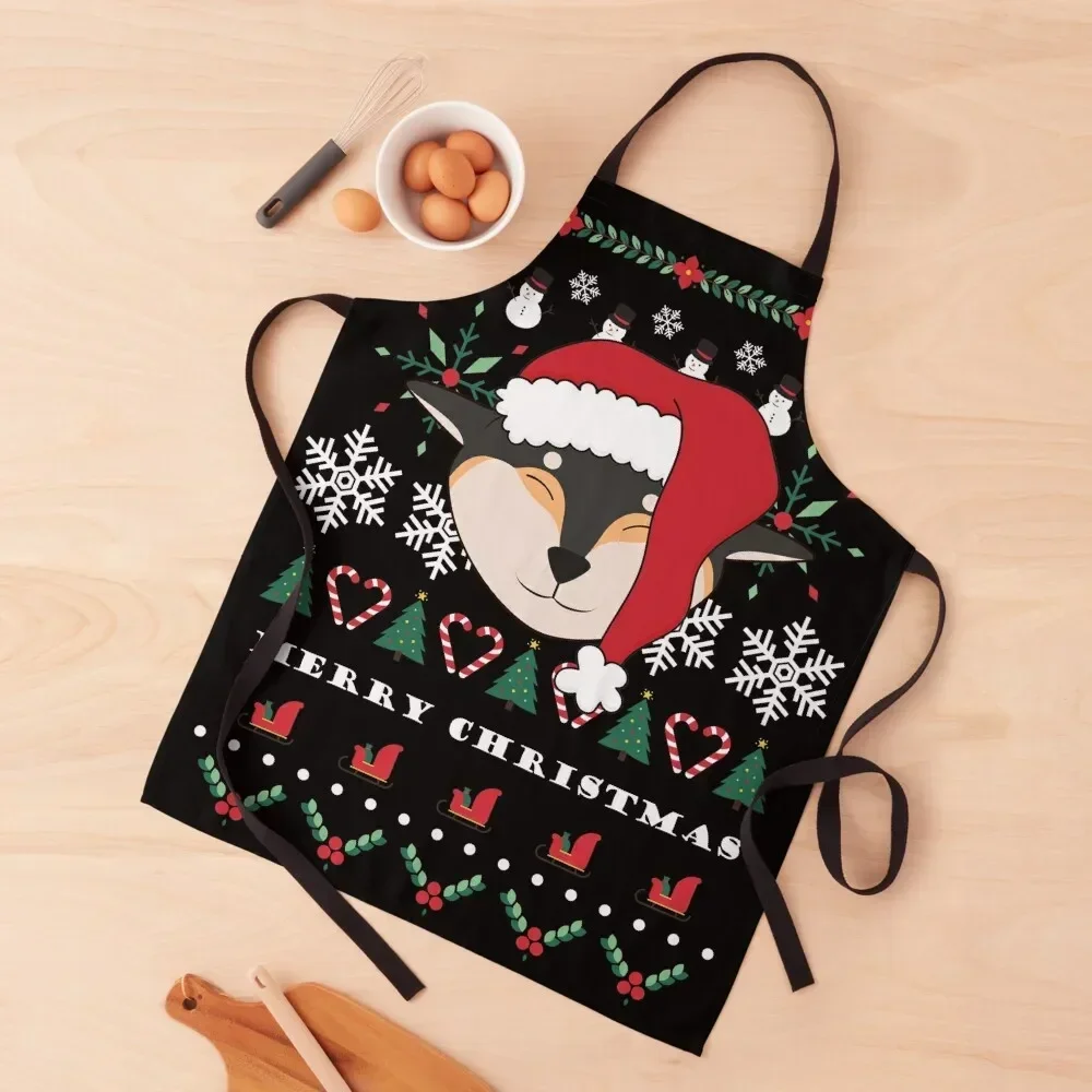 Merry Christmas Black and Tan Shiba Inu Ugly Christmas Pattern Apron Kitchen Things For Home Barista Kitchen For Man Apron