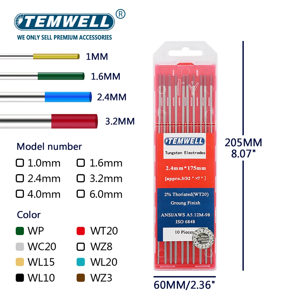 Baguettes de soudage TIG professionnelles, électrodes en tungstène, machine à souder WL20 WT20 WC20 WL15 WZ8 WY20 WP WR, 150mm, 6 