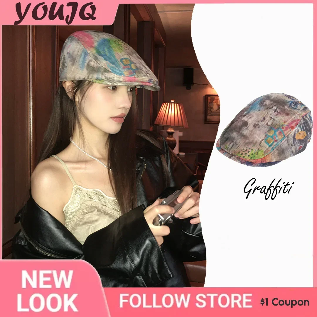 Y2K American Spice Girl Personalized Graffiti Forward Hats for Women Spring Summer Thin Niche Design Retro Beret Gorra Hombre