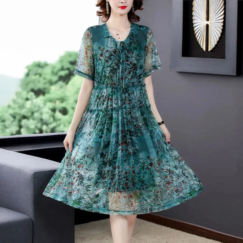 2024New Summer Women\'s Dress Korean Printed Mid Long Dress Loose Elegant Middle-aged Female Mesh Dresses Women\'s Clothing 4XL