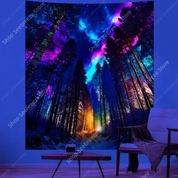 Aurora Forest UV Reactive Tapestry Witchcraft Hippie Wall Hanging Bohemian Mandala Art Aesthetic Room Wall Decor Ceiling Decor