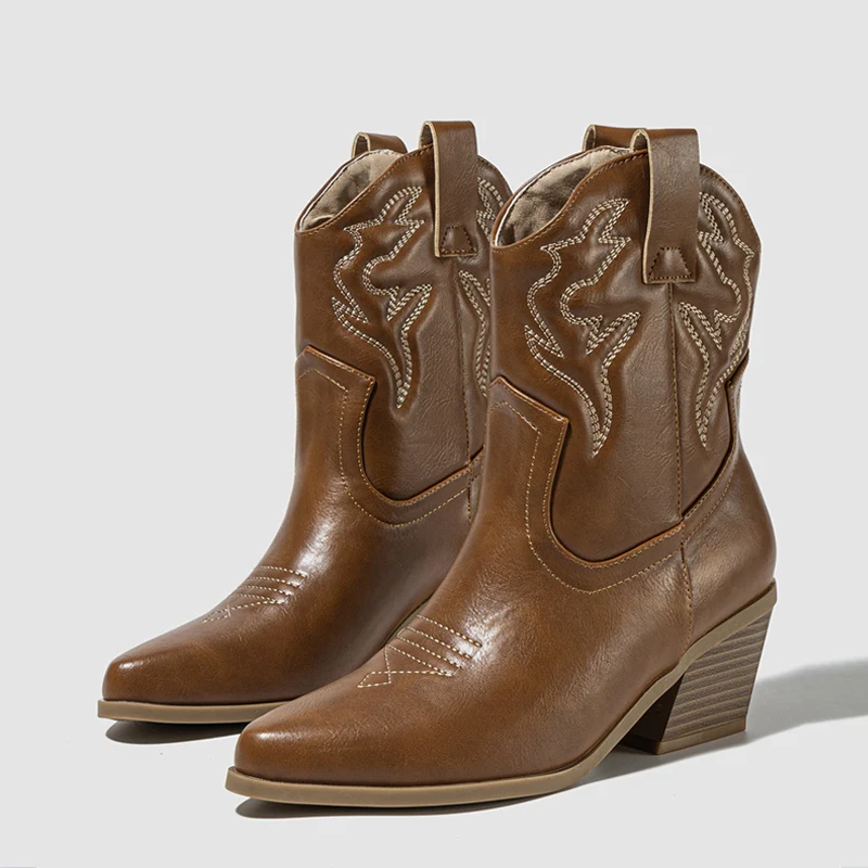 Liyke Western Style Cowboy Ankle Boots For Women Embroidery Leather Pointed Toe Autumn Winter Low Thick Heels Shoes Black Brown