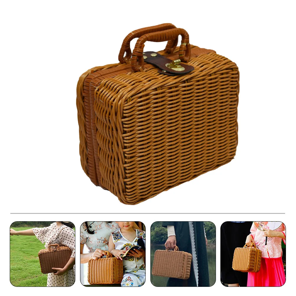 

1Pcs Woven Makeup Organizer Vintage Style Imitation Rattan Sturdy Box Large Capacity Portable Cosmetics Case