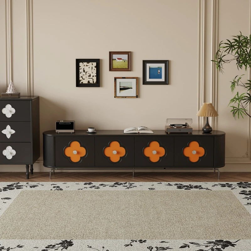

Retro four-leaf clover TV cabinet storage cabinet living room black light luxury solid wood floor cabinet designer audio-visual