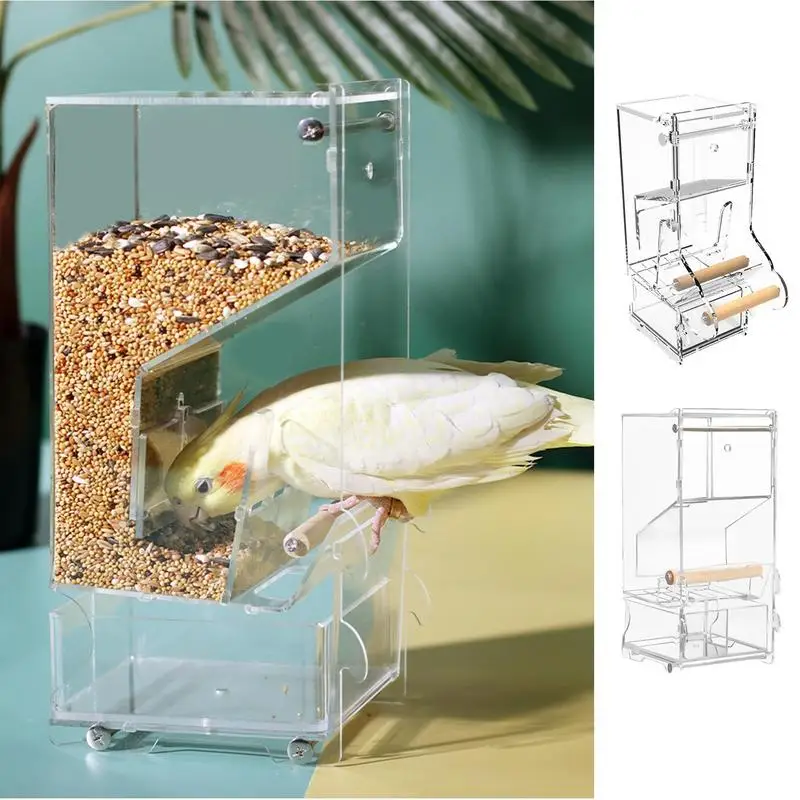 No Mess Bird Feeder Automatic Parrot Seed Feeder With Bass Acrylic Clear Parakeet Food Container For Small And Medium Lovebirds