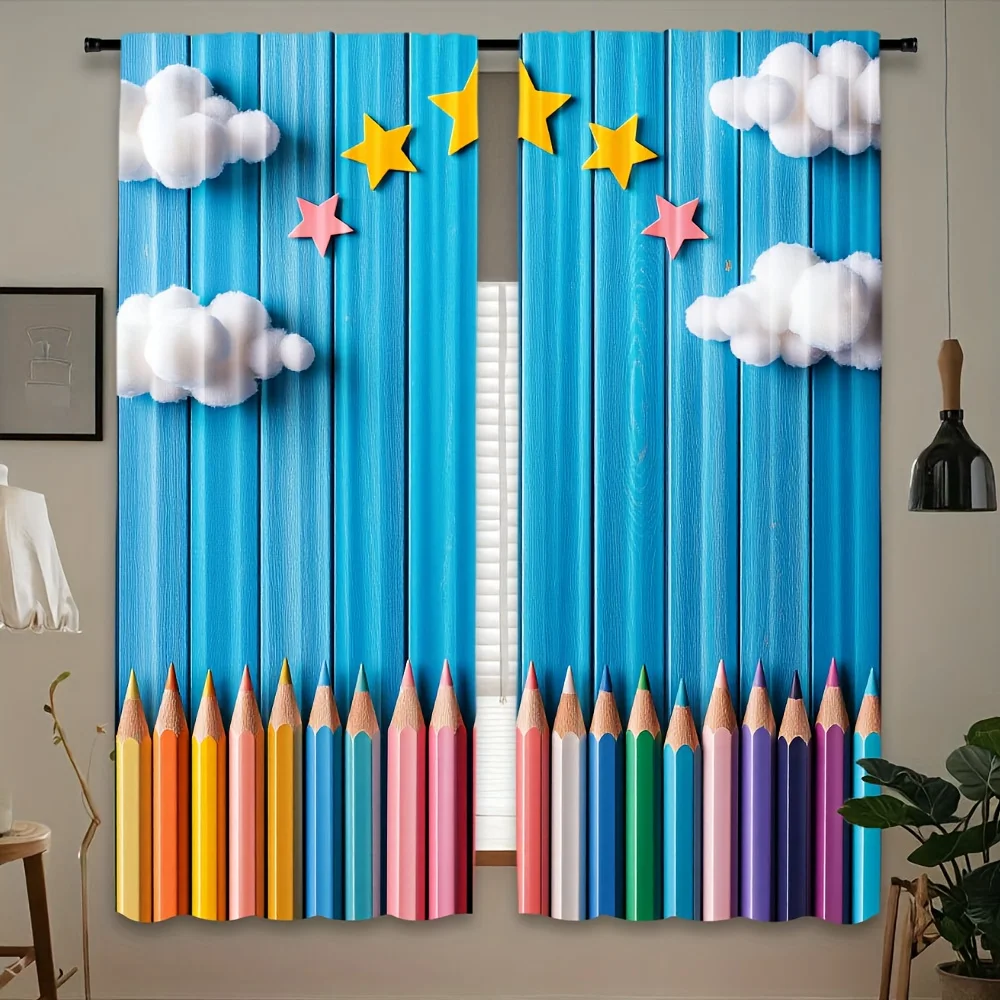 Cartoon Blue Pencil Curtains Rainbow Cloud Stars Kids Room Nursery Window Drapes Cute Playful Design Decor for Children's