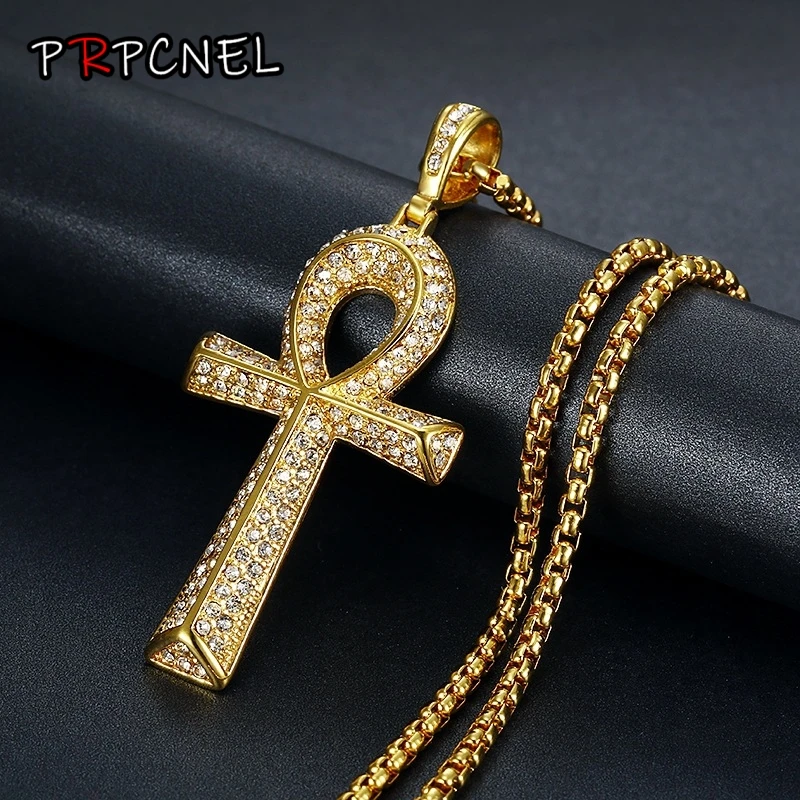 Gold silver color Micro Cubic Zirconia Anka Egyptian T Shaped Cross Pendant Fashion Iced Out Bling Key Of Life Necklace Jewelry