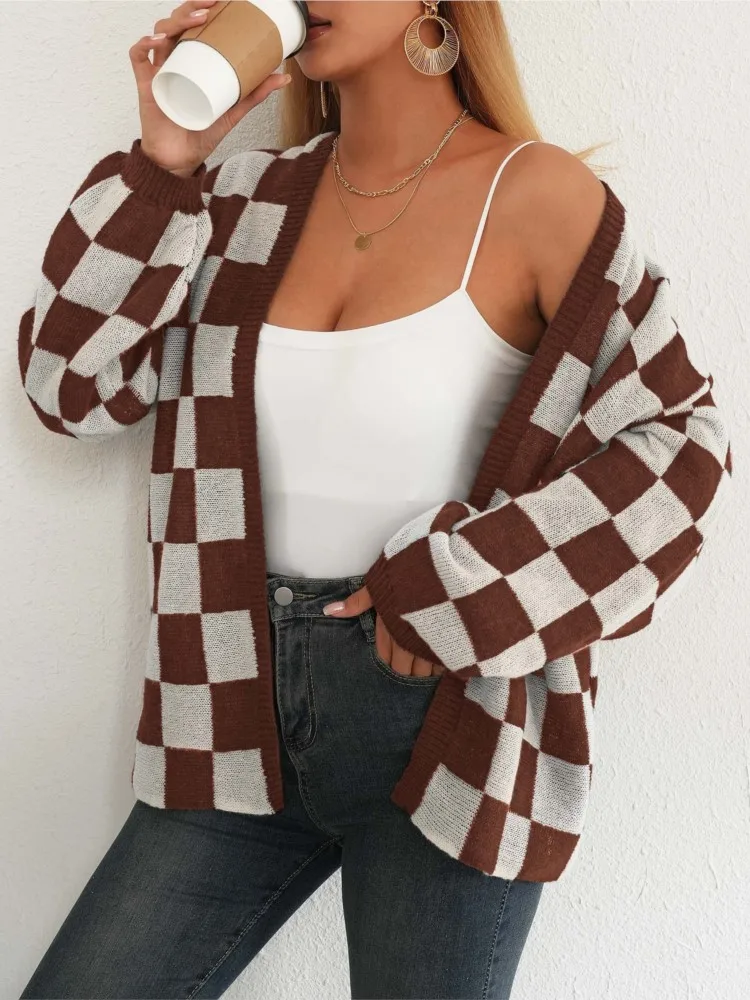 Vrouwen Mode Nieuwe Breien Vest Losse Trui Jas 2025, Herfst Winter Casual V-hals Plaid Print Patchwork Trui Bovenkleding