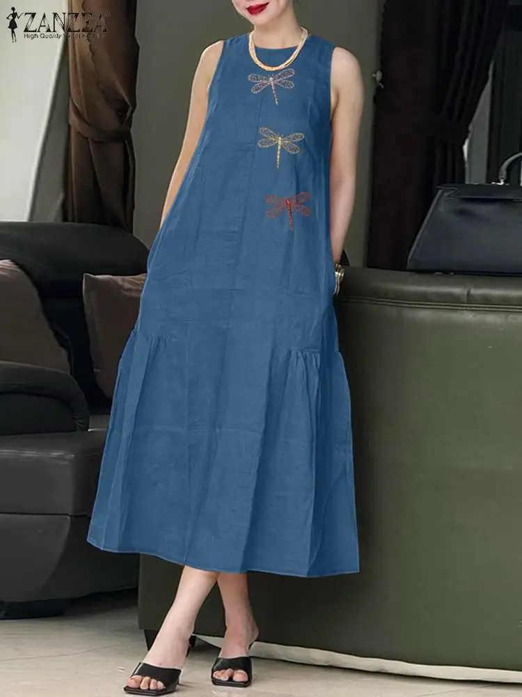 ZANZEA Women Sleeveless Ruffles Hem Midi Sundress Fashion Summer Embroidery Floral Dress Party Sarafans Casual Holiday Vestido