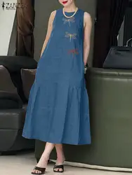 ZANZEA Women Sleeveless Ruffles Hem Midi Sundress Fashion Summer Embroidery Floral Dress Party Sarafans Casual Holiday Vestido