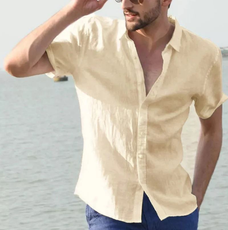 Men's linen short-sleeved shirt fashion high quality cotton linen fashion lapel street solid color single-breasted cardigan