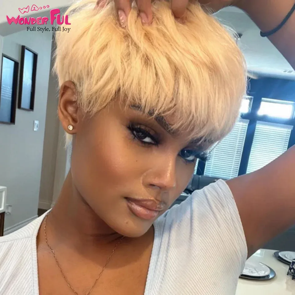 Short Blonde Pixie Cut Human Hair Wigs For Women Straight Colored 613 Pixie Wigs With Bangs Glueless Black Human Hair Non Lace