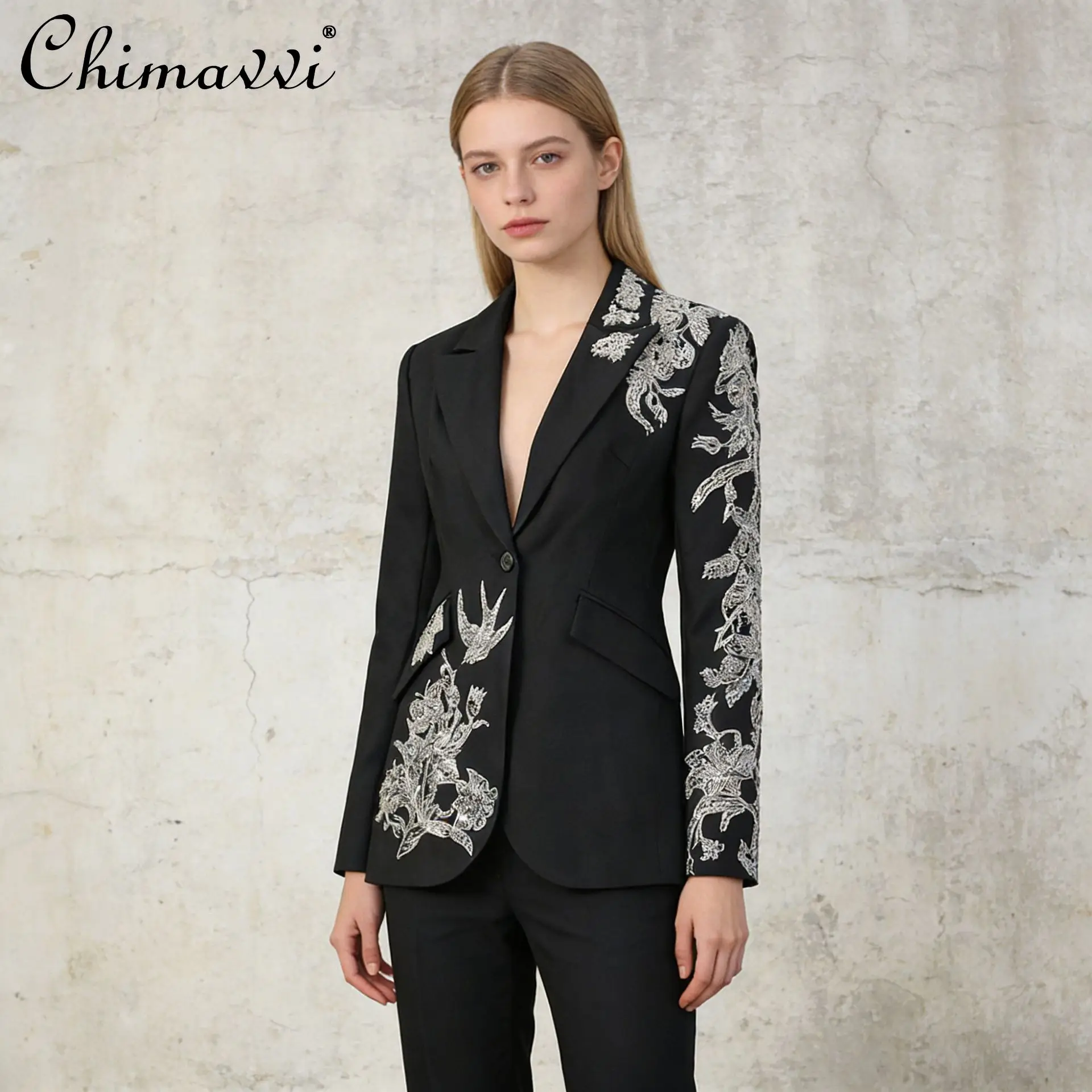 

French Style Fashion Commuter Heavy Industry Beaded Single Button Slim Fit Versatile Black Blazers Jackets for Women Spring 2026