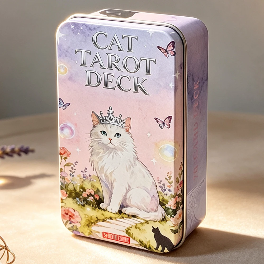 Cat Tarot Deck 78 Cards with Guidebook, Cute White Cat Theme Tarot Cards Fortune Telling Cards 11*6.2cm in Portable Tin Box