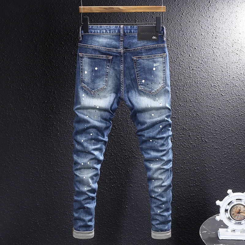 newY2K jeans, painted, washed, nostalgic, stretchy, slim fit, blue, men's jeans, designer, hip-hop brand, embroidered p