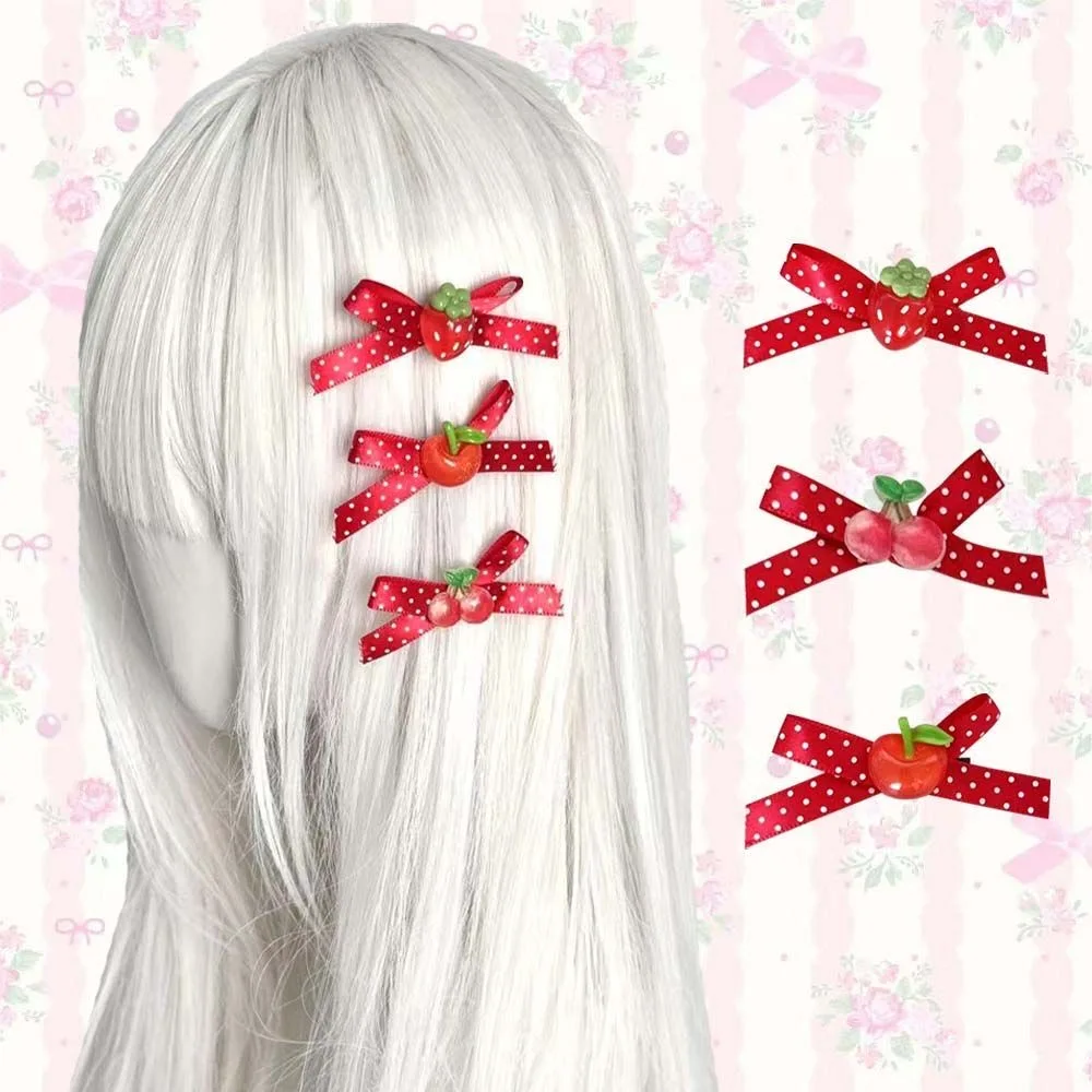 Sweet Lolita Girl's Retro Red Color Polka Dot Bow Fruit Hairpin Cute Soft Girl Strawberry Apple Cherry Hair Clip Accessories