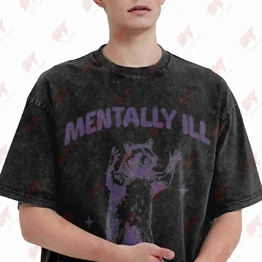 Mentally Ill But Totally Chill Racoon Animal Lover Meme Vintage Washed Tee Pure Cotton T-Shirt