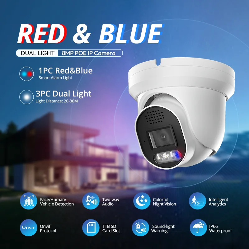 Wholesale 4K 8MP Red-blue Light Alarm POE Camera IP66 Waterproof Night Vision Smart Dual Two-Way Audio Turret Security IP Camera