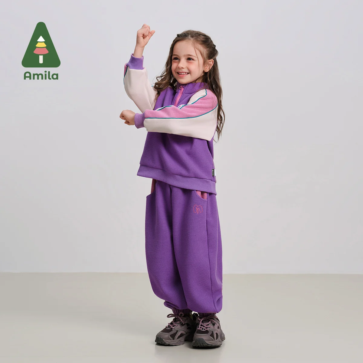 Amila Baby Suit 2024 Winter New High Quality Girls Purple Contrast High Collar Sports Warm Soft Loose Casual Children‘s Clothing