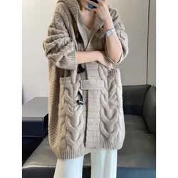 Women's Long Loose Hooded Cardigan Cashmere Sweater Knit Coat Thick Horn Button for Lazy Wind Fall Winter