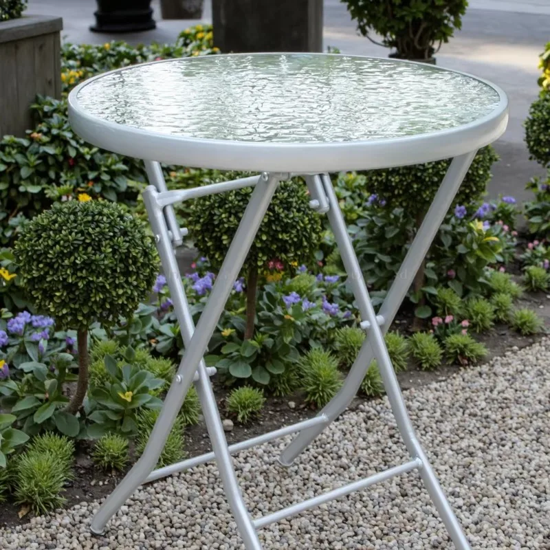 Modern Steel Foldable Round Glass Coffee Dining Patio Table with Portable Design for Courtyard & Park Use