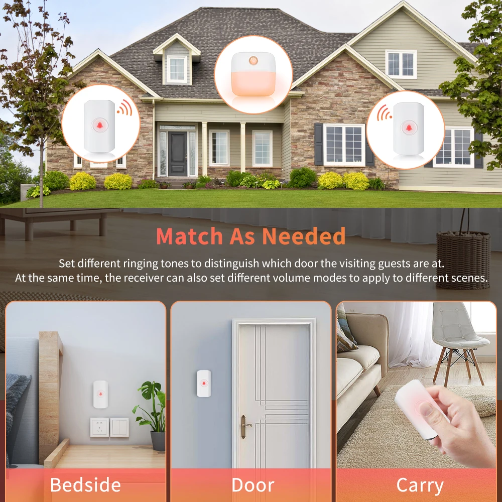 Wsdcam Wireless Doorbell 38 Songs Luminous Sensor LED Night Light Waterproof Home Door Ring Bell 250m Remote Battery Not Include