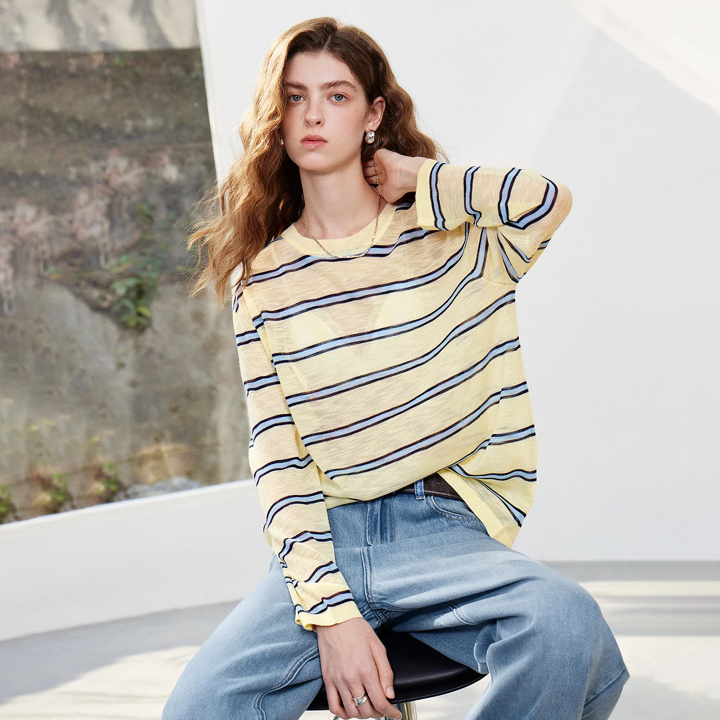 TOYOUTH Women Knitwear 2026 Summer New Bamboo Knot Hemp Striped Round Neck Loose Top