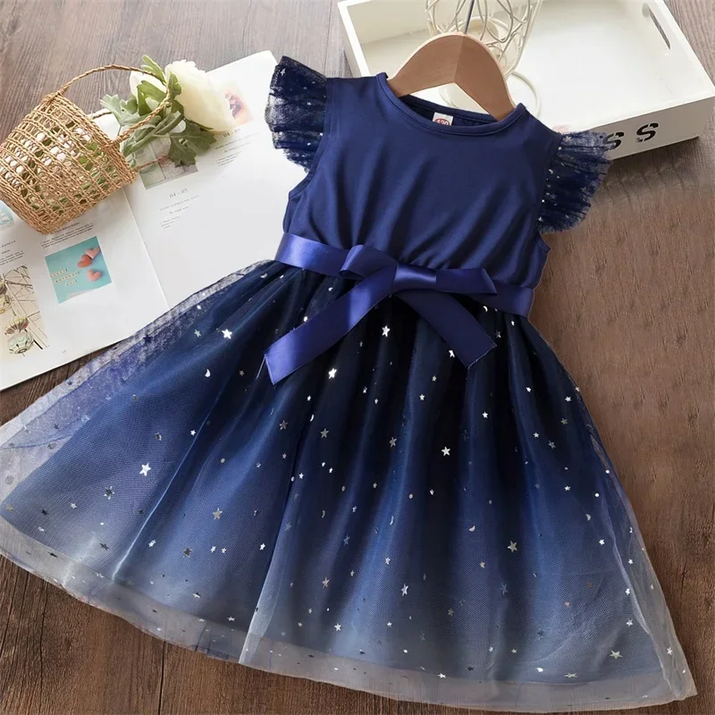 Sweet Girls Summer Clothes Flying Sleeves Bow Sequin Dress 2-6Y Kid Birthday Party Blue Fluffy Tutu Princess Dress for Baby Girl