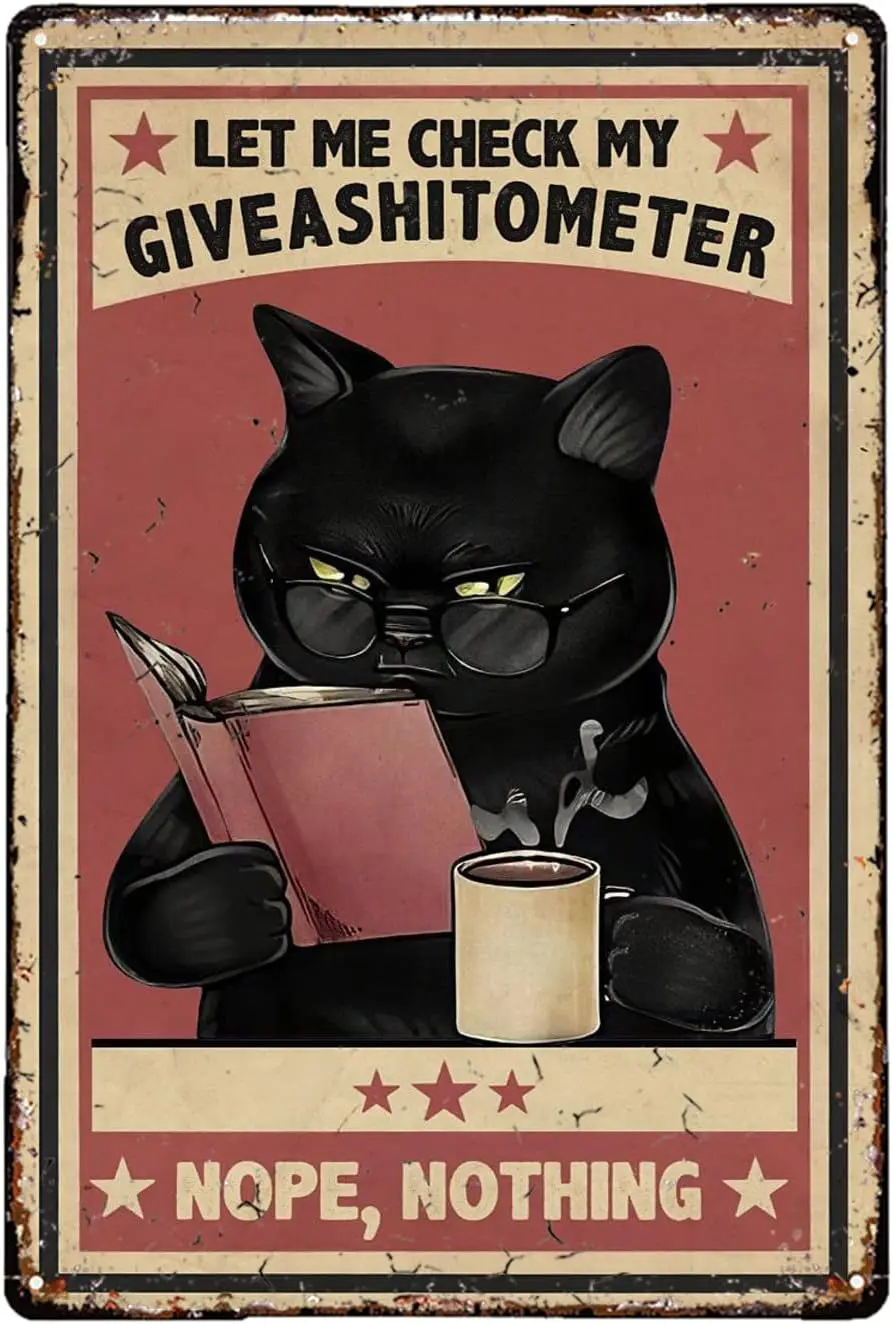 Lustiges Metall-Blechschild „Buch lesen mit Kaffee – Lass mich mein Giveashitometer überprüfen“ – Metall-Blechschild für Innen- und Außenbereiche, öffentliche Telefoneinrichtungen
