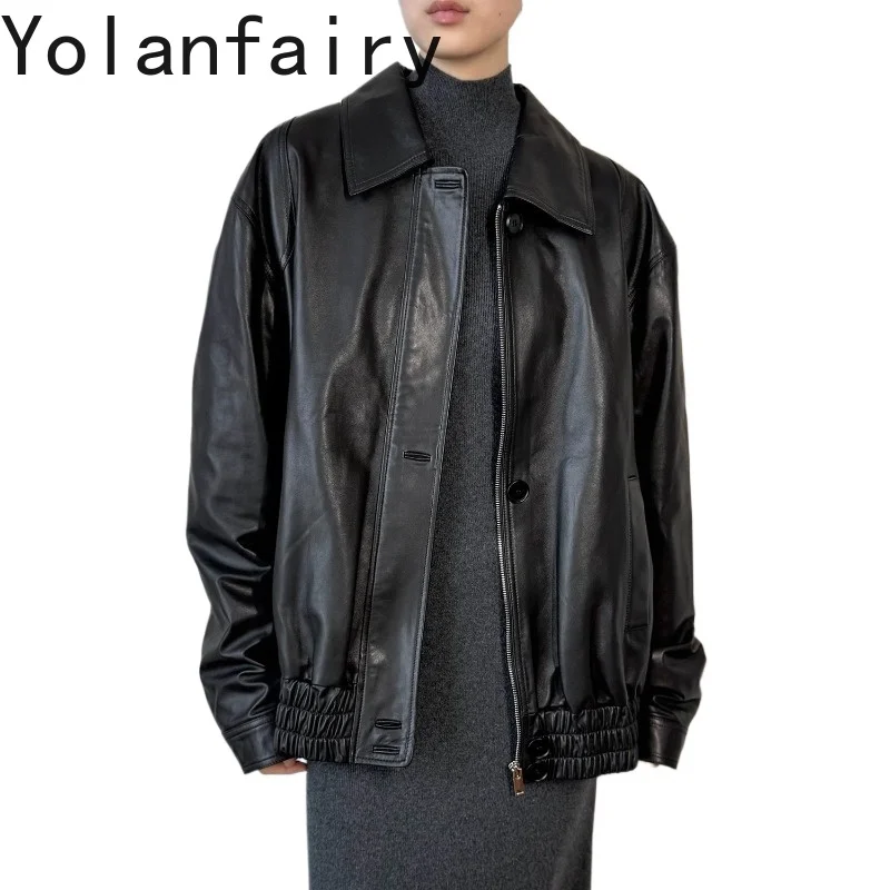 YOLANFAIRY Casual Retro Vegetable Tanned Real Sheepskin Leather Jacket Women 2026 Oversized Loose Genuine Leather Coat Jackets