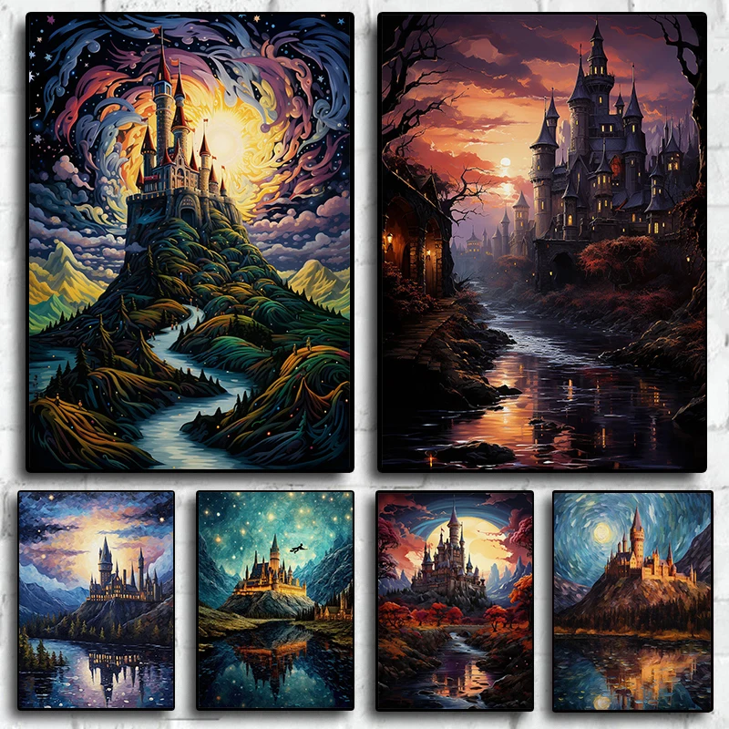 Fantastic Wizard Castle Magic School Night Forest Landscape Poster Canvas Painting Wall Art Pictures Home Interior Decor Gift