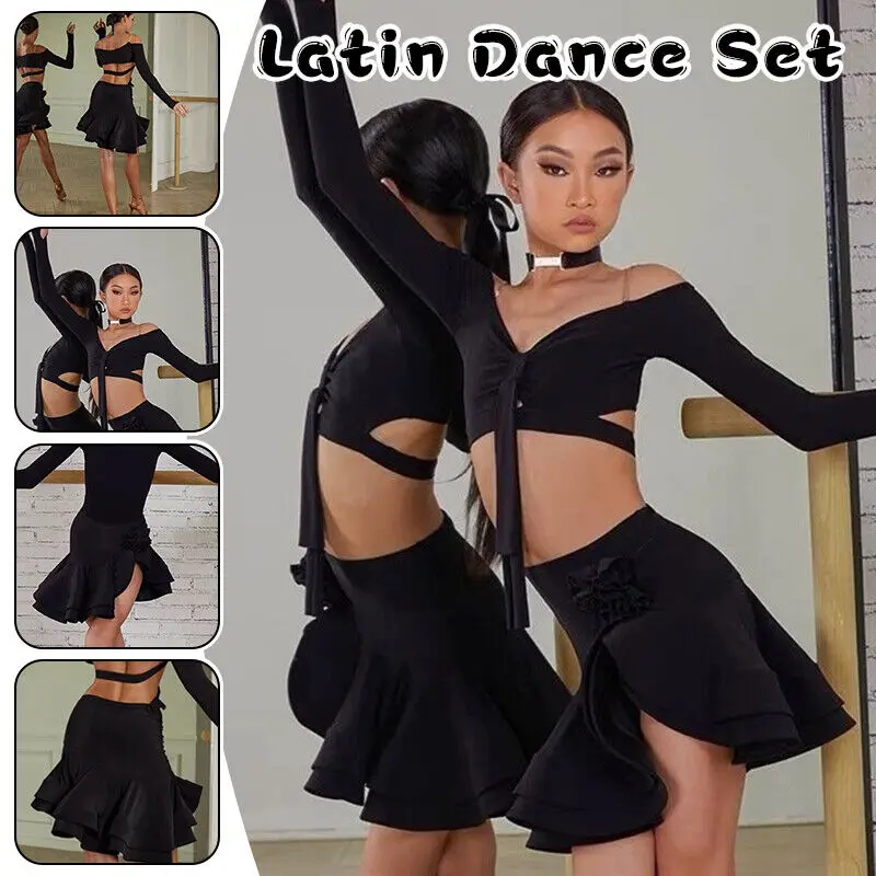 

Girls Latin Dance Skirt Set - Off-Shoulder Long Sleeve Crop Top & Ruffled Skirt for Cha-Cha, Samba Performances & Competitions