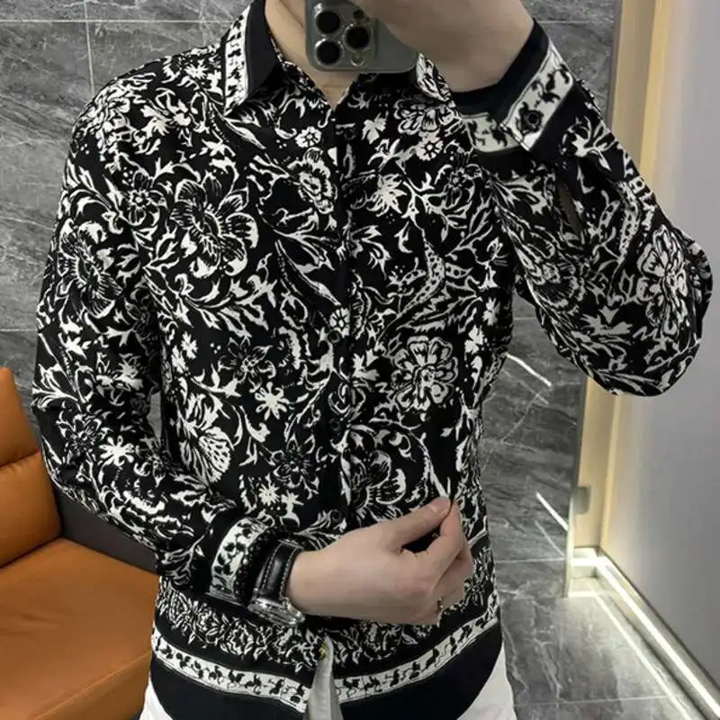 Trendy Printed Fashionable Long Sleeved New Shirt Men Personalized Korean Designer Shirt European Slim Fit Casual Retro Shirt