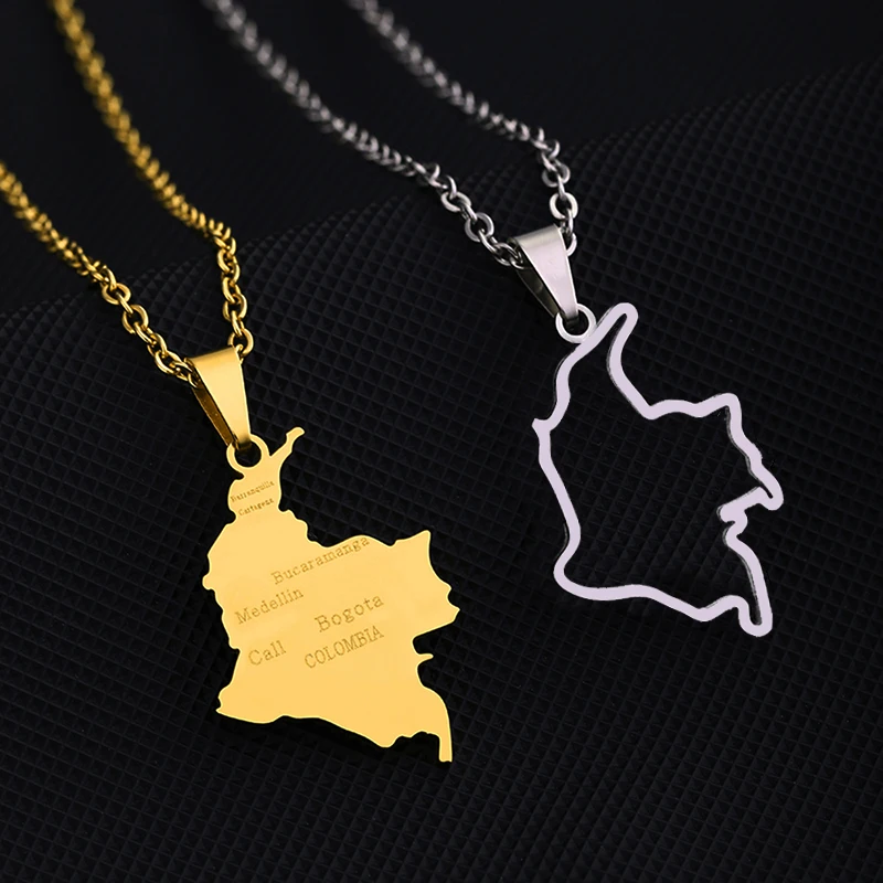 New Gold Color Colombia Map City Pendant Necklace Stainless Steel For Men Women Country Map Jewelry Colombian Gift