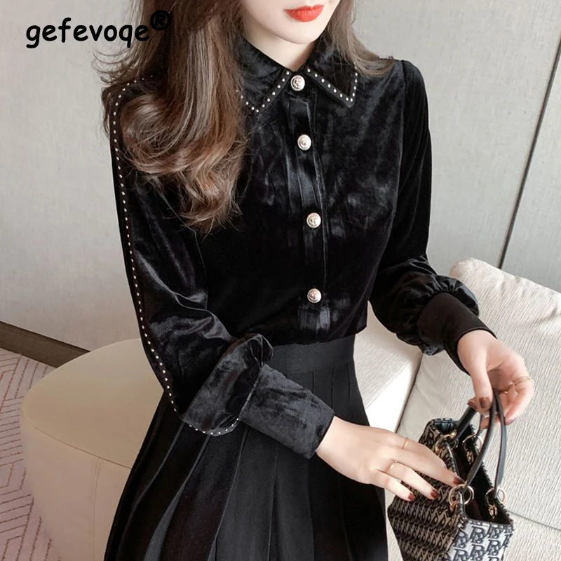 Women Clothing Stylish Vintage Rivet Gold Velvet Button Up Shirts Elegant Chic Lapel Black Blouses Long Sleeve Slim Fleece Tops