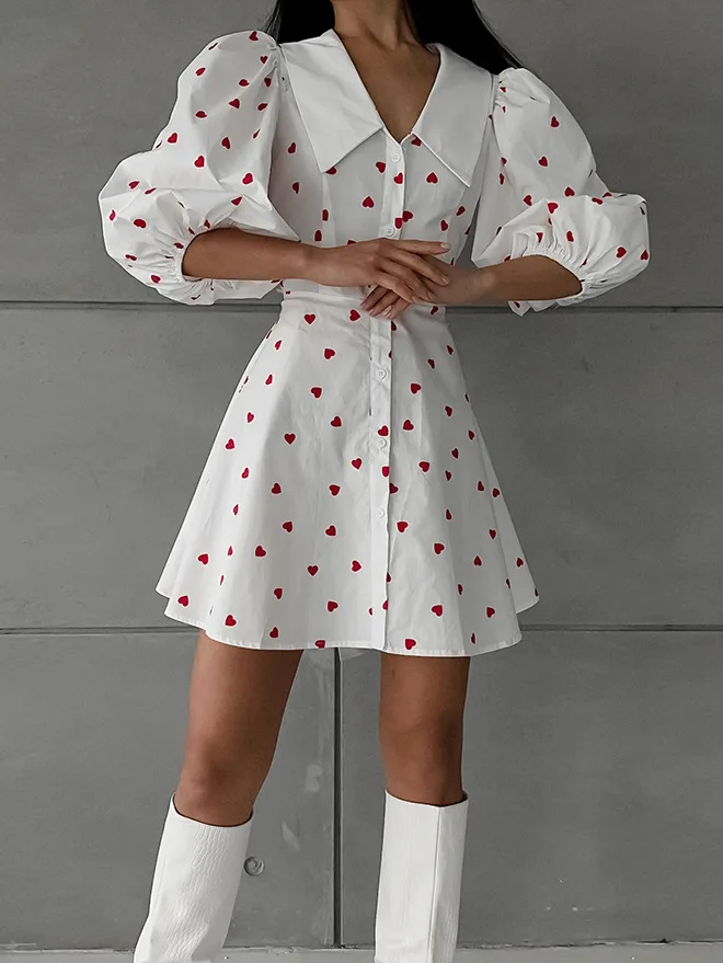 

Womens Dresses 2025 Spring New Cotton and Linen Bubble Sleeves High Waist Heart-Shaped Print Turn-Down Collar A-Line Mini Dress