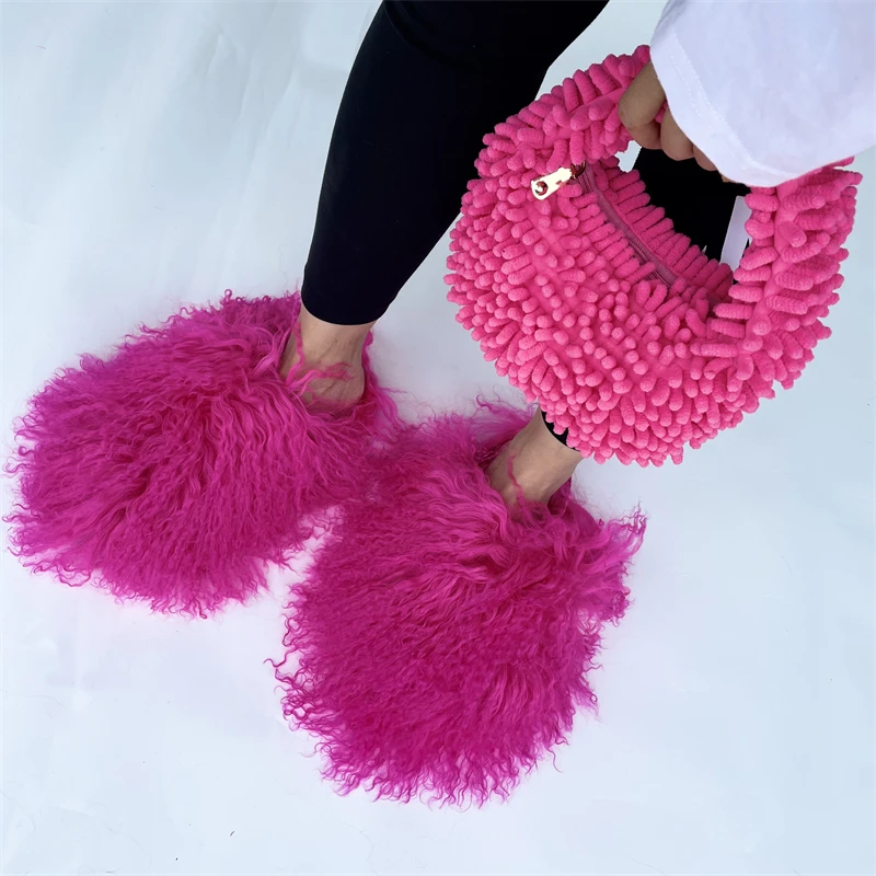 Fuzzy Trendy Bags Restocked High Quality Fluffy Hand Bags And Fuzzy Mongolian Fur Slides Sets