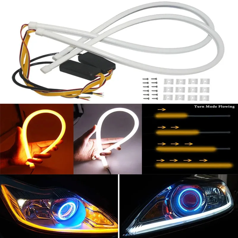 

2PCS DRL LED Car Daytime Running Light 30CM 45CM 60CM Universal Waterproof Flowing Flexible White Turn Yellow Turn Signal Lamp