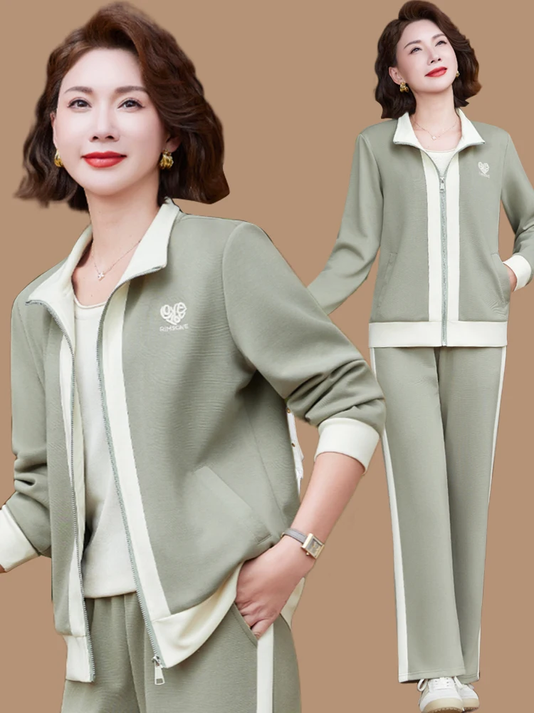 fashionable-mommy-autumn-outfit-2025-new-style-mid-aged-women's-sportswear-two-piece-set-stylish-jacket-top-polyester-fiber