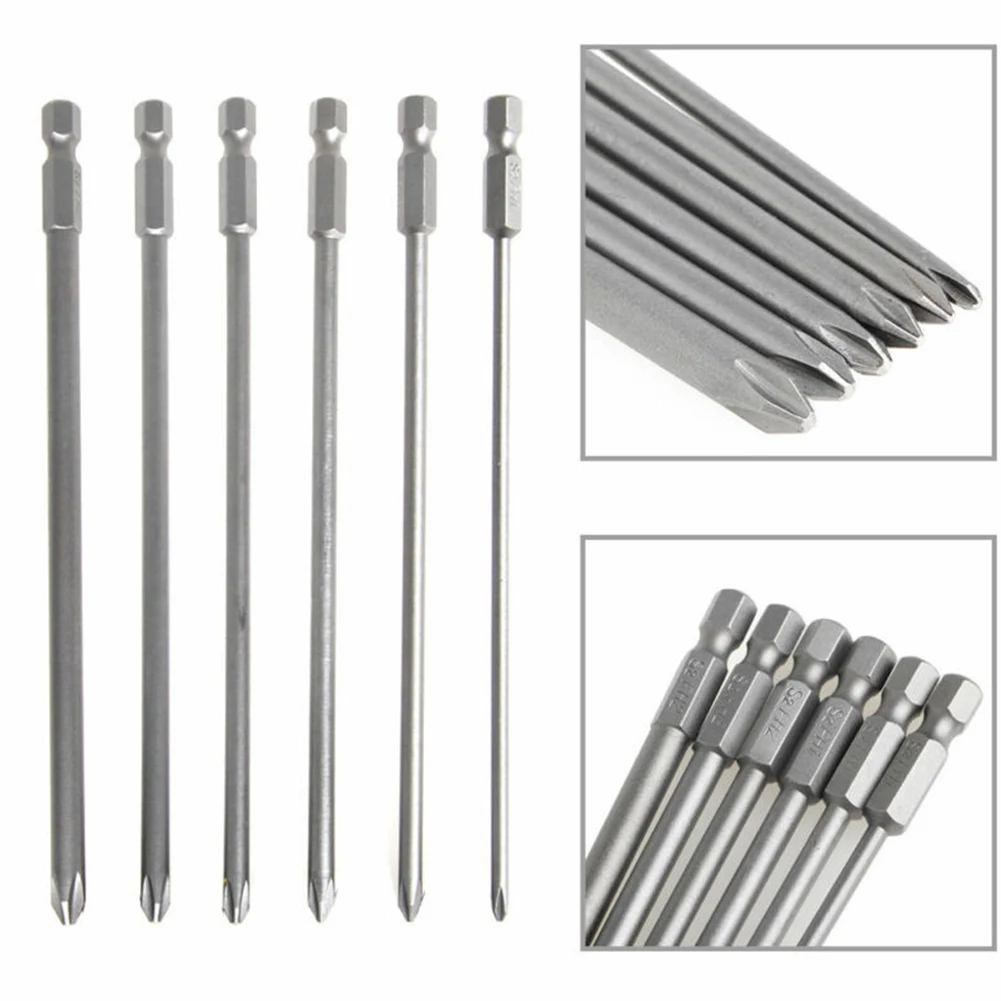 6Pcs Magnetic Screwdriver Bits Set 50/75/100mm Long Shank Screw Driver Cross Head 1/4inch Electric Drill Bit
