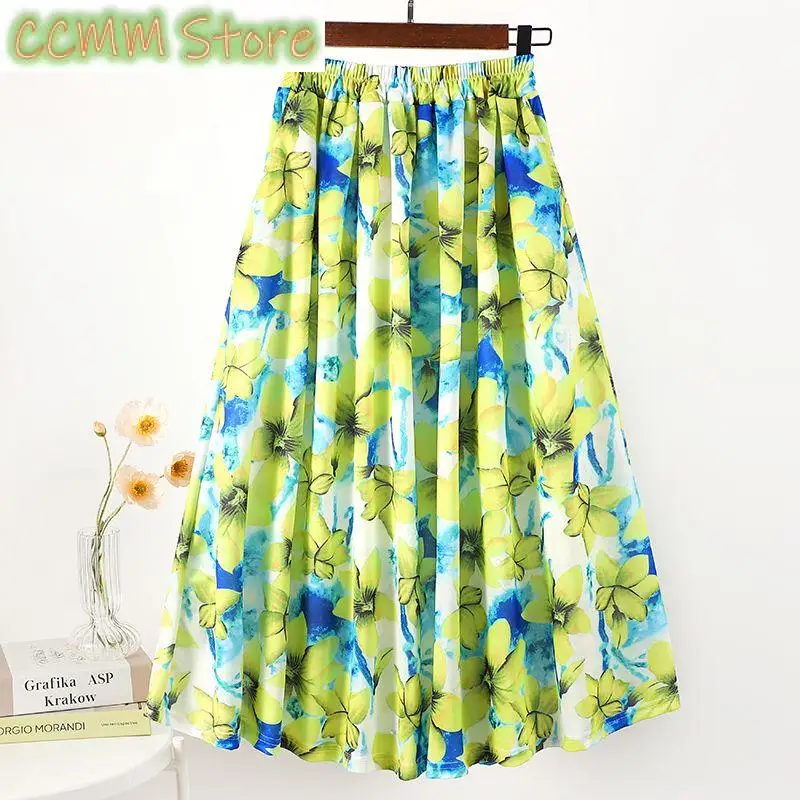 

Fashion Elastic Printed Pockets Floral A-Line Skirts Female Clothing Spring Summer New Loose High Waist Casual Skirts